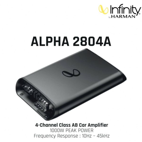 نمای زاویه‌دار آمپلی فایر Infinity Alpha 2804A با هیت‌سینک خنک‌کننده