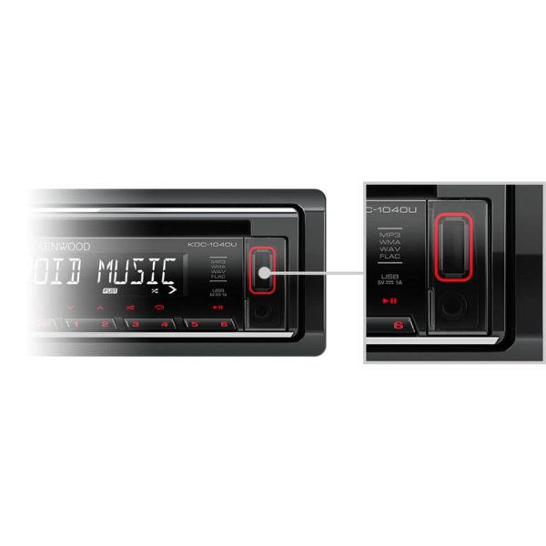 پخش خودرو Kenwood KDC-1040U نمای ورودی USB و AUX جلو