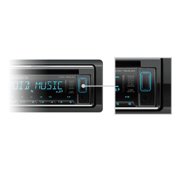 پخش خودرو Kenwood KDC-154UM نمای ورودی USB و AUX