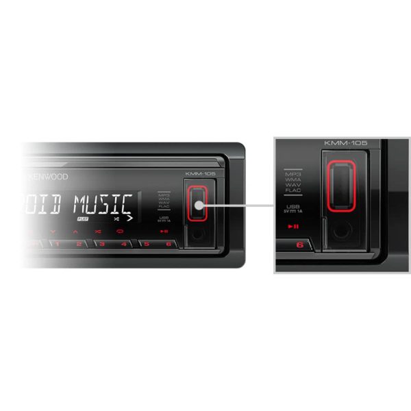 پخش خودرو Kenwood KMM-105 نمای ورودی USB و AUX جلو