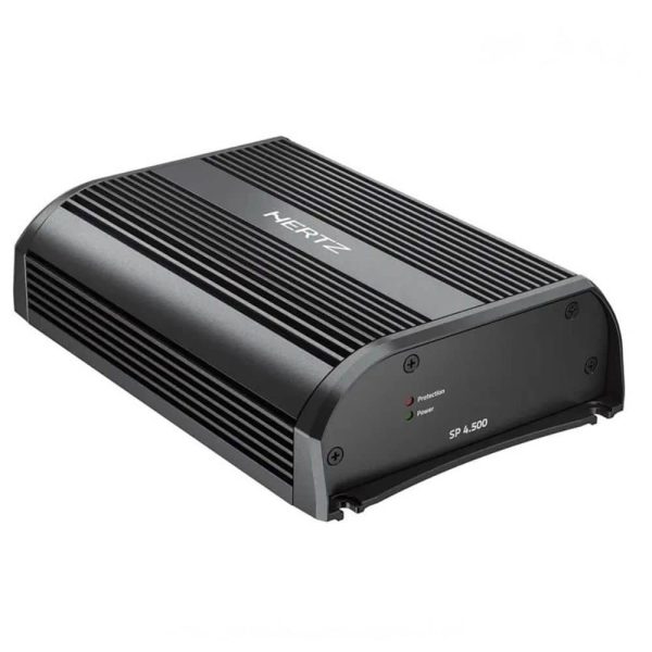 نمای زاویه‌دار آمپلی فایر HERTZ SP4.500 با بدنه آلومینیومی IP55