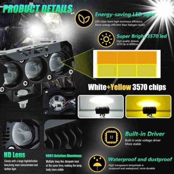 چراغ پروژکتور 3 لنز دیلایت دار با دیلایت LED سفید